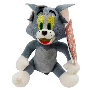 Tom Plüschtier aus Tom & Jerry ca. 20 cm, graue Katze mit weißer Bauchpartie und weißen Pfoten in sitzender Pose.